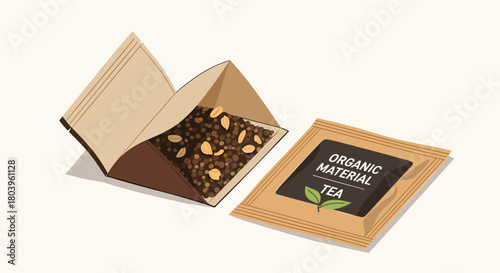 Illustration of an open pyramid tea bag filled with organic loose leaf tea next to a sealed sachet labeled 'Organic Material Tea'.