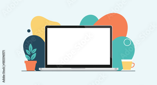 Minimalist flat design illustration showcasing a laptop with a blank screen, a potted plant, and a coffee mug on a desk with abstract shapes.