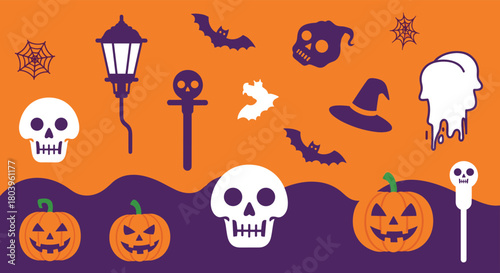 A vibrant Halloween-themed vector illustration featuring an assortment of spooky icons and characters against an orange and purple backdrop.