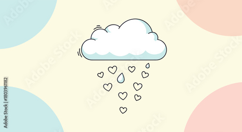 A cute cartoon cloud raining a mix of hearts and water droplets on a pastel background, symbolizing love and affection.