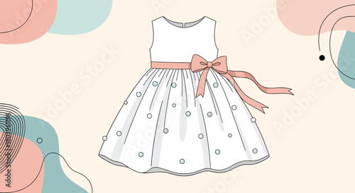 Illustration of a cute white sleeveless dress with a pink bow and pearl embellishments on a pastel abstract background.