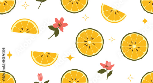Vibrant seamless pattern featuring fresh orange slices, whole citrus fruits, and pink flowers with sparkling accents on a white background.