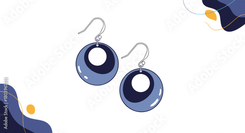 A pair of modern blue hoop earrings with a central cutout, featuring a glossy finish, suspended on ear hooks against a minimal white background.