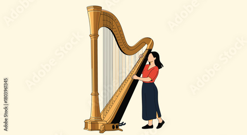 An illustration of a woman standing and gently plucking the strings of a grand, ornate golden harp against a plain background.