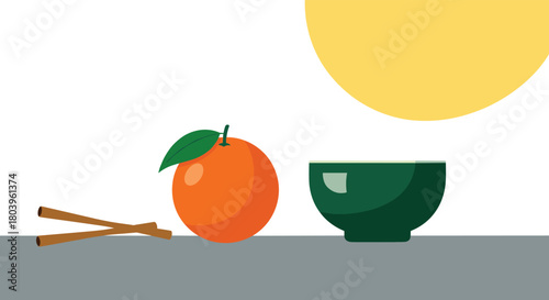 Simple still life of an orange, two cinnamon sticks, and a green bowl on a gray surface, highlighted by a partial yellow circle.