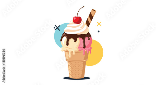 A sweet double-scoop ice cream cone illustration featuring chocolate syrup, whipped cream, a red cherry, and a crispy wafer stick.