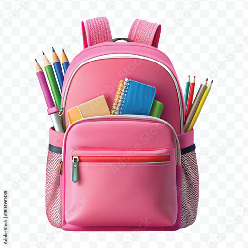 school backpack with books and school supplies in different color style  isolated on transparent background