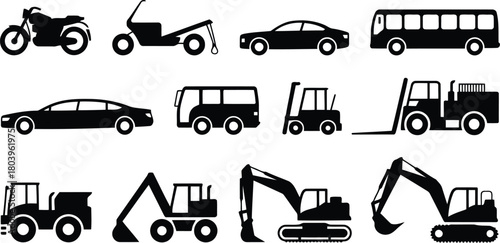 Diverse Vehicle & Machinery Pictograms: Cars, Bus, Motorcycle, Construction Equipment
