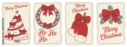 Vintage Chalk Christmas Poster Set – Retro New Year Doodle Line Art Featuring Tree, Gloves, Wreath, Silverware, Bows, And Ribbons In Minimalist Coquette Vector Illustration