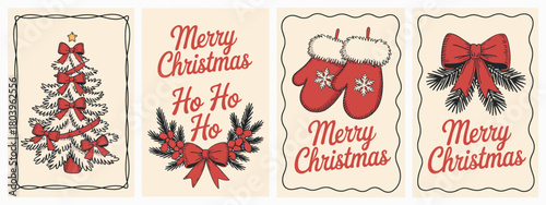 Vintage Chalk Christmas Poster Set – Retro New Year Doodle Line Art Featuring Tree, Gloves, Wreath, Silverware, Bows, And Ribbons In Minimalist Coquette Vector Illustration