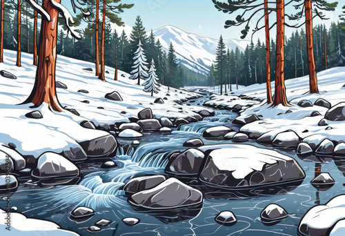 Stream with snowy rocks in pine forest, winter time. Flat style illustration.