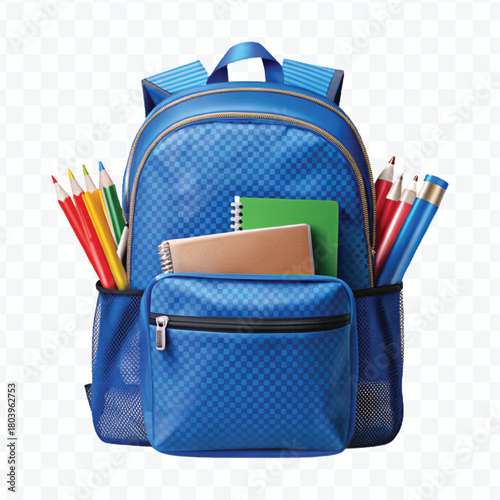 school backpack with books and school supplies in different color style  isolated on transparent background