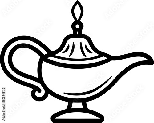magic lamp line art vector icon black and white, white background
