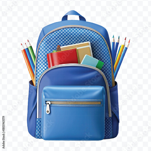 school backpack with books and school supplies in different color style  isolated on transparent background