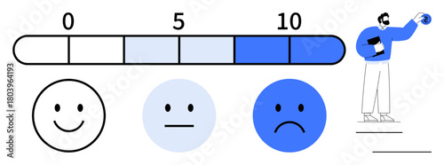 Feedback scale from 0 to 10 with smiling, neutral, and sad emoticons. Person holding clipboard analyzing responses. Ideal for feedback, satisfaction, CX, survey, rating metrics simple flat metaphor