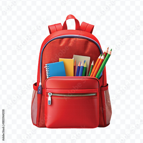 school backpack with books and school supplies in different color style  isolated on transparent background