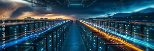 Illustration of data center with server racks and glowing data streams