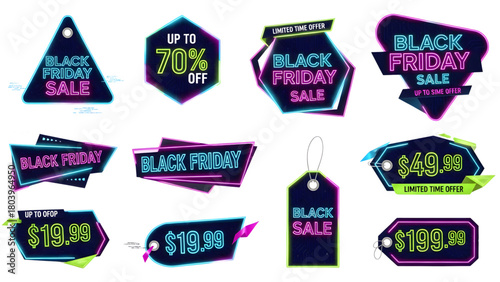 Dynamic neon Black Friday sale tags and banners offer incredible discounts and limited time deals for shoppers seeking ultimate savings