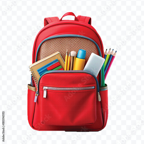 school backpack with books and school supplies in different color style  isolated on transparent background