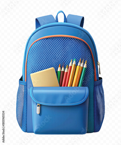 school backpack with books and school supplies in different color style  isolated on transparent background