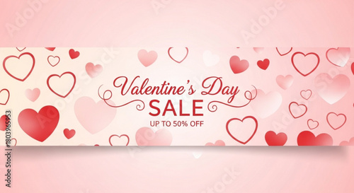 Sweet Valentine's Day sale banner with up to 50% off, hearts floating gently, perfect for romantic promotions and love-filled marketing campaigns