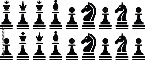 Black Chess Pieces Set Silhouettes: King, Queen, Rook, Bishop, Knight, Pawn Icons
