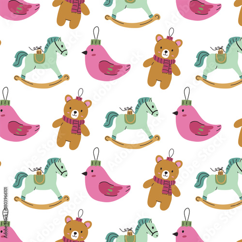 A seamless pattern with various Christmas tree decorations on a white background. Perfect for New Year's and Christmas designs.