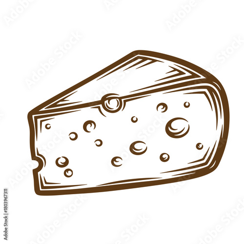 Artistic brown cheese wedge with holes sketch style for food illustration design