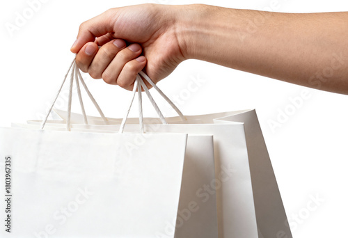 Male Hand Holding White Shopping Bags Mockup Isolated PNG