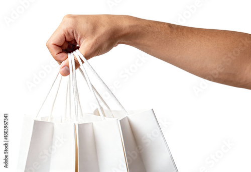 Female Hand Holding Blank White Shopping Bags PNG Template