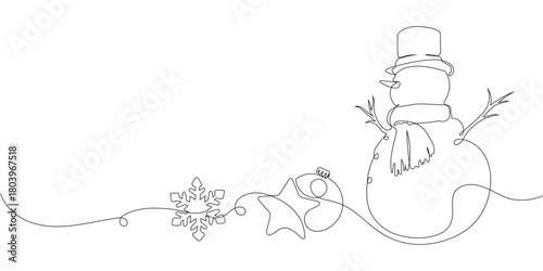 Minimalist One Line Drawing of Snowman, Snowflake, and Baubles. Vector stock illustration isolated on white background for design template winter holiday banner, card, invitation. Editable stroke