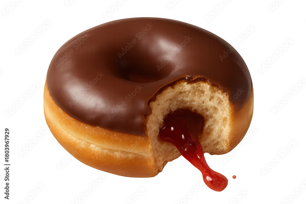 Obraz premium Chocolate iced donut with a bite showing red jelly filling spilling, sweet pastry dessert on transparent background