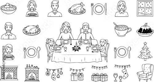 Christmas Holiday Family Dinner, Food, Home Decorations  Celebration Line Art Vector Icons Set
