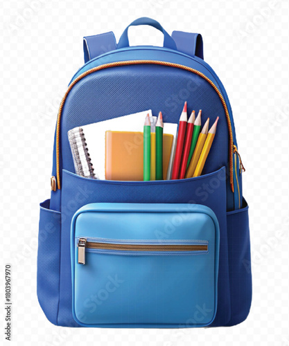 school backpack with books and school supplies in different color style  isolated on transparent background
