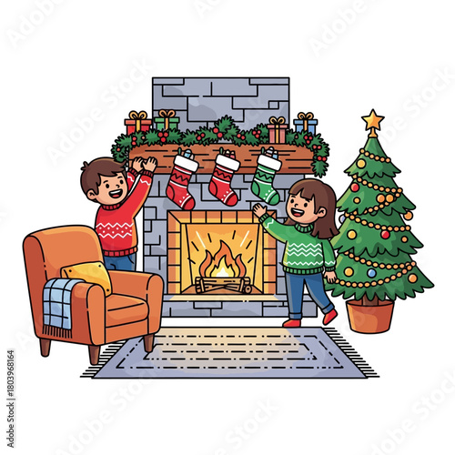 Joyful children prepare their home for Christmas, hanging festive stockings by the cozy fireplace next to a beautifully adorned Christmas tree, embracing the spirit of the holiday season