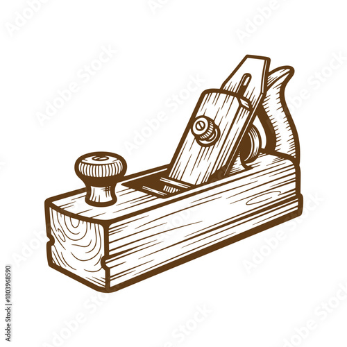Artistic sketch illustration of a detailed vintage hand plane carpentry tool on white background