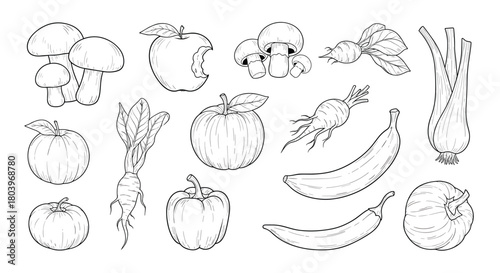 Line art illustration of various fruits and vegetables.
