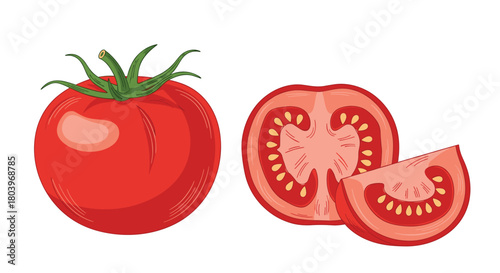 Fresh tomatoes whole and sliced ready for culinary use.