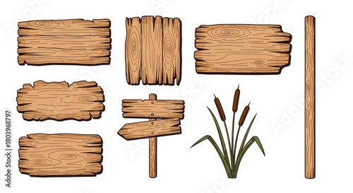 Wooden signs and plants illustration for various purposes.