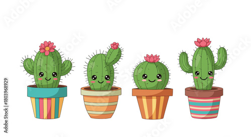 Cute cartoon cacti in colorful pots happy faces.
