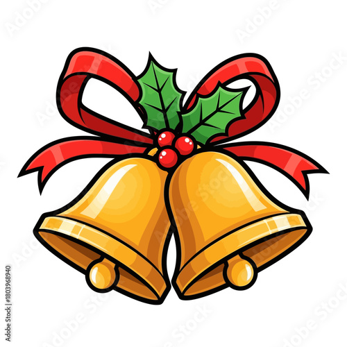 Vibrant golden holiday bells adorned with festive red ribbon and holly, symbolizing joy, celebration, and the spirit of the winter season's happy gatherings