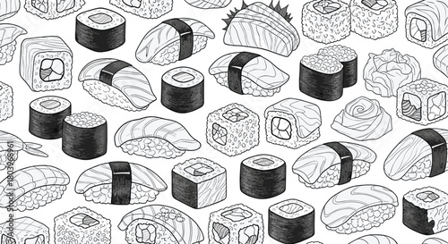 Sushi assortment illustration delicious Japanese cuisine monochrome food art.