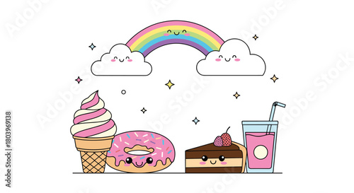 Cute dessert and drink with rainbow and clouds.