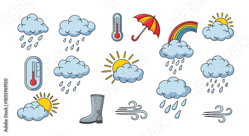 Weather icons depicting rain sun clouds and temperature variations.