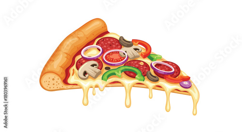 Delicious pizza slice with various toppings and melted cheese.