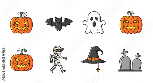 Halloween themed illustrations of pumpkins bats ghosts and other spooky elements.