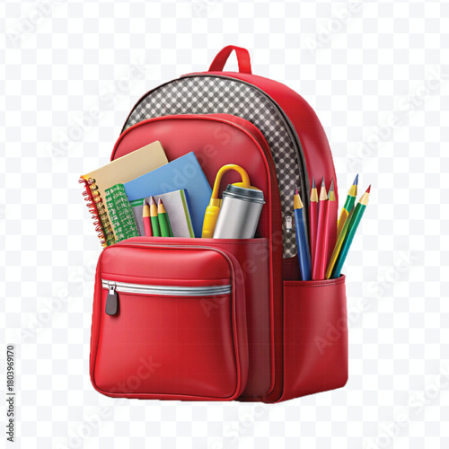 school backpack with books and school supplies in different color style  isolated on transparent background
