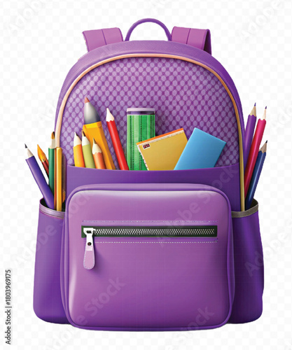 school backpack with books and school supplies in different color style  isolated on transparent background