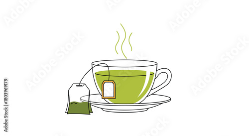 Green Tea Cup with Tea Bag on Saucer and Steam.
