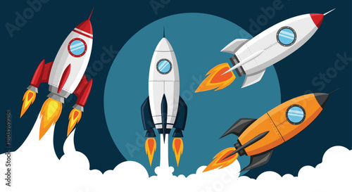 Colorful rockets soaring through the night sky with clouds.